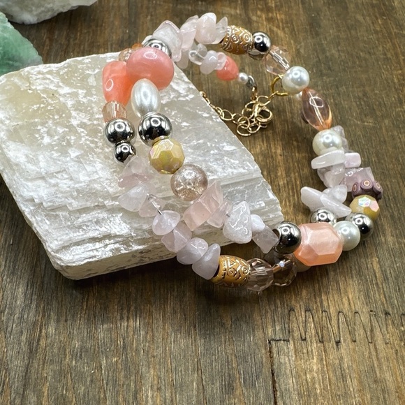 Pink quartz layered wrap around chunky maximalist beaded bracelet - Picture 2 of 2